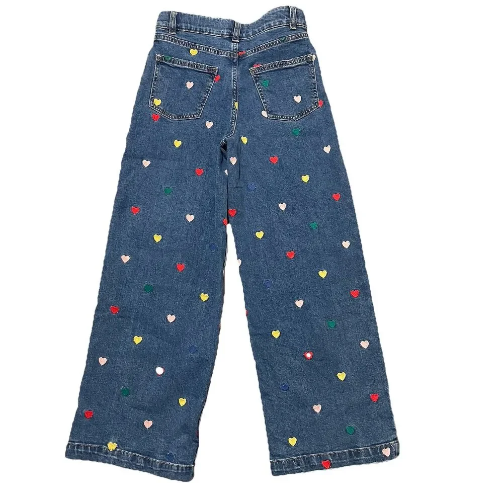 NWT Mini Boden Girls Wide Leg Jeans Size 10-11 Y Adjustable Waist Hearts Girly - Picture 3 of 7